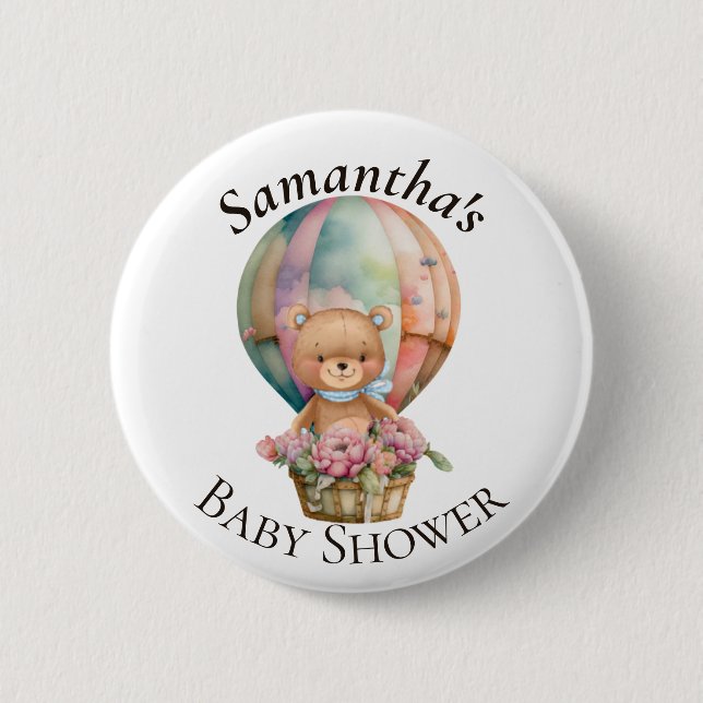 Macaron Rond 5 Cm Baby shower bleu Teddy Bear Hot Air Balloon (Devant)