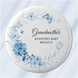 Macaron Rond 5 Cm Baby-Shower/Brunch Fleurs Bleues Clair Grand-mère