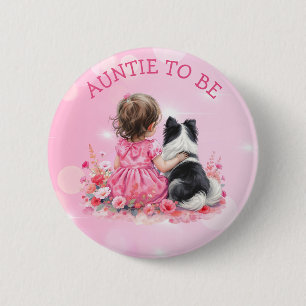 Macaron Rond 5 Cm Baby Shower d'une Bébé Fille et son Chien Tante à