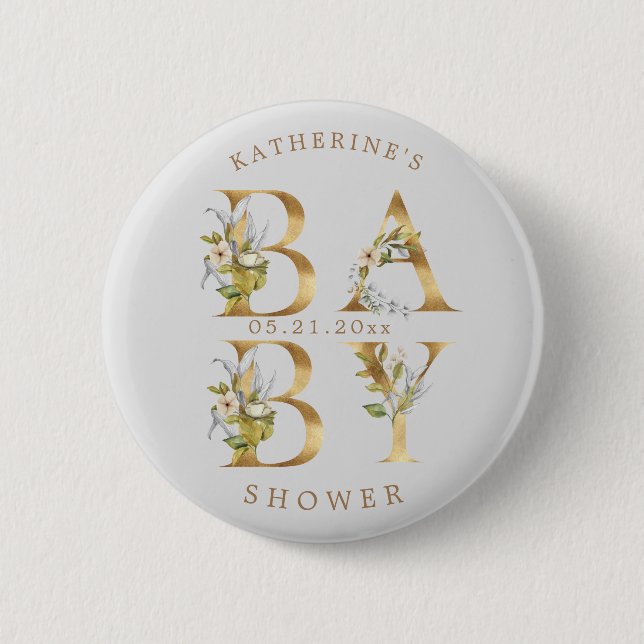 Macaron Rond 5 Cm baby shower monogramme or fleuri (Devant)