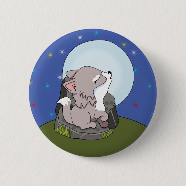 Macaron Rond 5 Cm Baby Wolf Hurlant Sur La Lune (Devant)