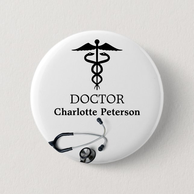 Macaron Rond 5 Cm Balise de nom du médecin Stethoscope Caduceus (Devant)