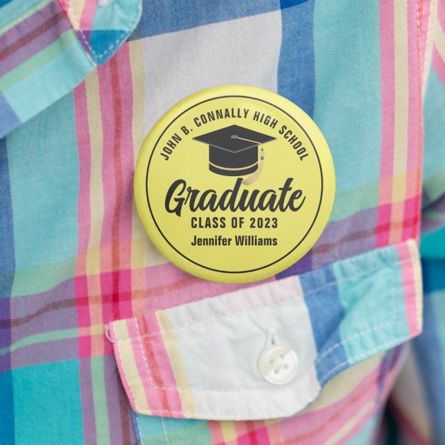 Macaron Rond 5 Cm Balise Nom personnalisé du diplômé du lycée jaune  (Créateur téléchargé)
