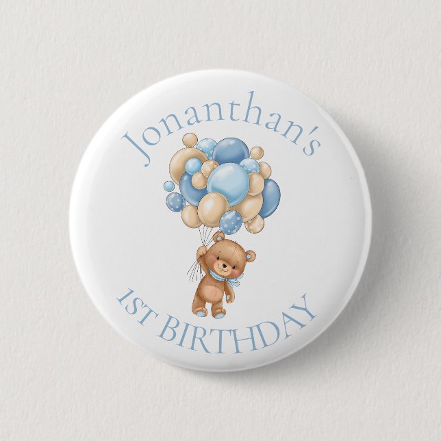 Macaron Rond 5 Cm Ballons d'ours en peluche Bleu 1er anniversaire (Devant)