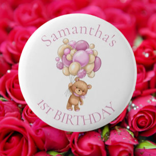 Macaron Rond 5 Cm Ballons Ours Teddy Rose 1er Anniversaire