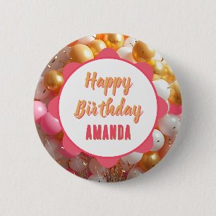 Macaron Rond 5 Cm Ballons roses et dorés   Joyeux Anniversaire 