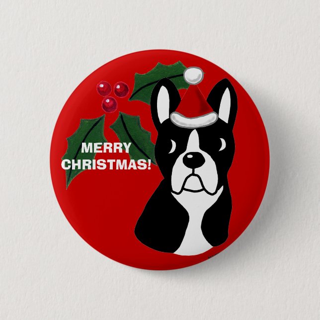 Macaron Rond 5 Cm Bande dessinée de Noël de Boston Terrier (Devant)