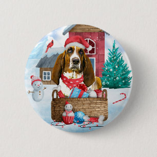Macaron Rond 5 Cm Basset Hound Chien dans la neige Maison de Chien d