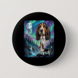 Macaron Rond 5 Cm Basset Hound Lumières du Nord Aurore Lune Longue