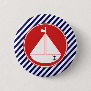 Macaron Rond 5 Cm Bateau à voile bleu et rouge