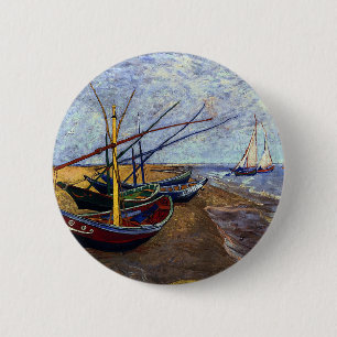 Macaron Rond 5 Cm Bateaux de pêche sur la plage