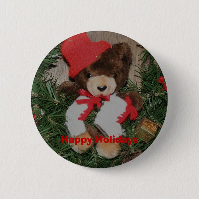 Macaron Rond 5 Cm Bear On Wreath Christmas Holiday Bouton Pin (Devant)