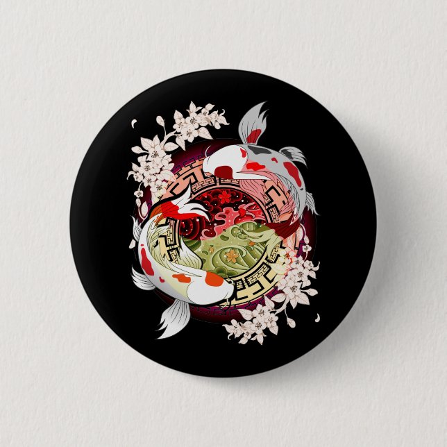Macaron Rond 5 Cm Beau Art Japonais Fleur Koi Fish (Devant)
