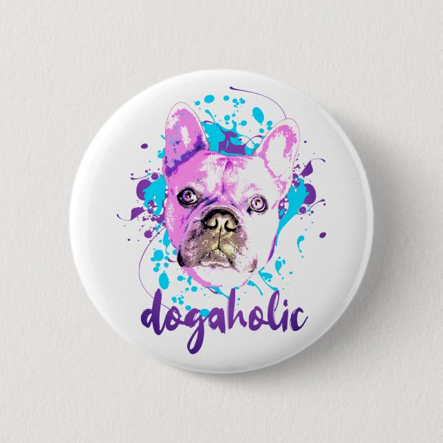 Macaron Rond 5 Cm Beau Français Bulldog visage rose bleu Dogaholic (Devant)