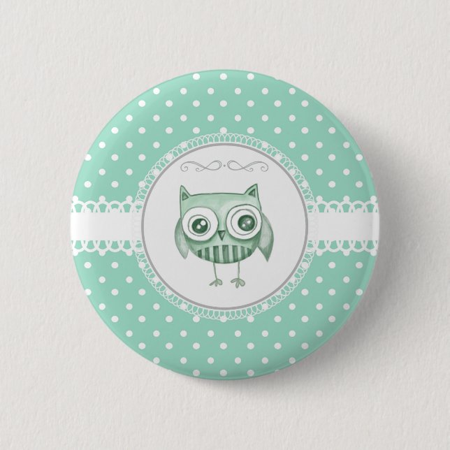 Macaron Rond 5 Cm Beau hibou avec le pois dans Teal (Devant)