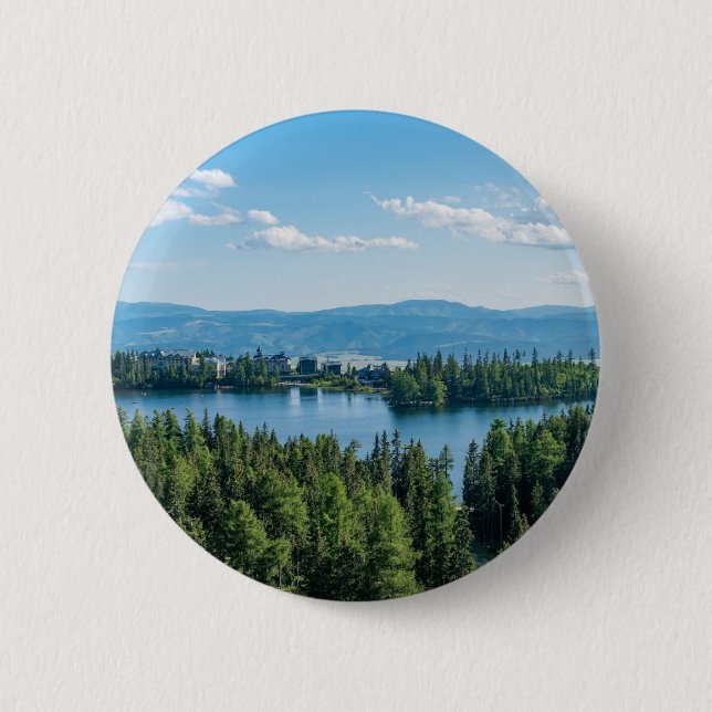 Macaron Rond 5 Cm Beau Lac Avec Arbres (Devant)