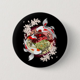 Macaron Rond 5 Cm Beautiful Art Japanese Flower Koi Fish