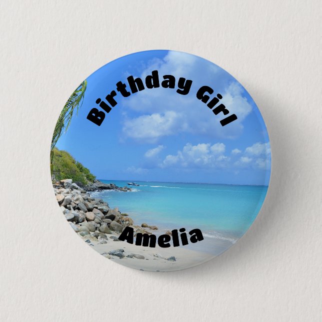 Macaron Rond 5 Cm Beautiful Turquoise Tropical Beach Birthday Girl (Devant)