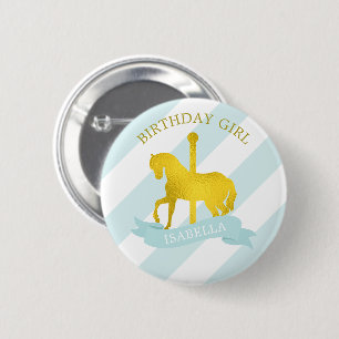 Macaron Rond 5 Cm Bébé Carrousel Bleu Cheval "Fille d'anniversaire"