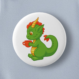 Macaron Rond 5 Cm Bébé dragon mignon tenant une tasse