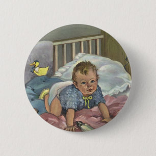 Macaron Rond 5 Cm Bébé mignon vintage jouant dans un berceau, heure 