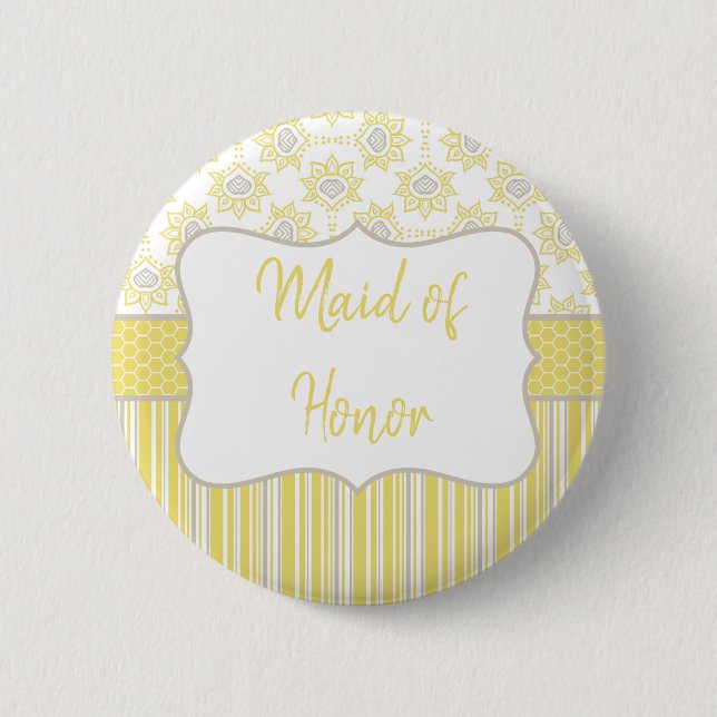Macaron Rond 5 Cm Bee Jaune et Grey Géométrique Maid of Honor (Devant)