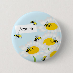 Macaron Rond 5 Cm Bee on Flower Round Button - Arrière - plan bleu