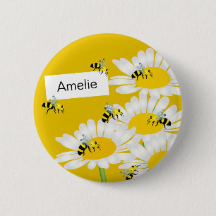 Macaron Rond 5 Cm Bee on Flower Round Button - Arrière - plan jaune
