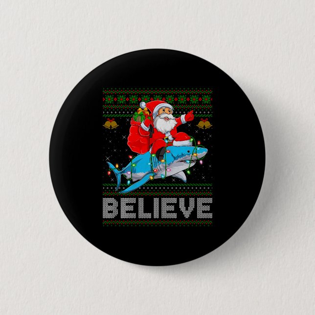 Macaron Rond 5 Cm Believe Xmas Funny Santa Riding Shark Ugly Christm (Devant)
