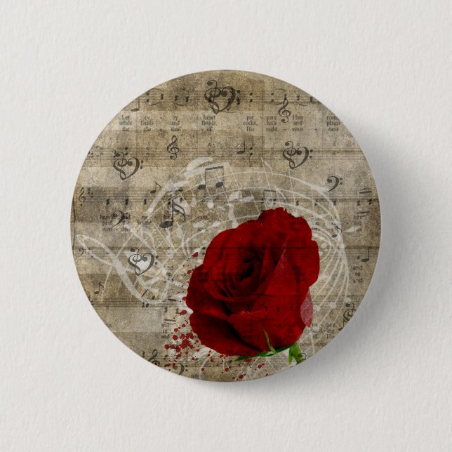 Macaron Rond 5 Cm Belle rose rouge notes piano tourbillonné (Devant)