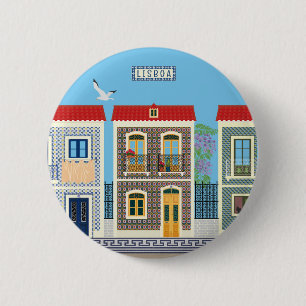Macaron Rond 5 Cm Belles maisons portugaises avec tuiles ou azulejos