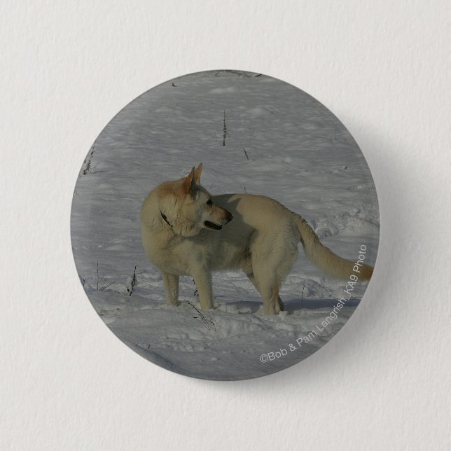 Macaron Rond 5 Cm Berger allemand blanc dans la neige (Devant)