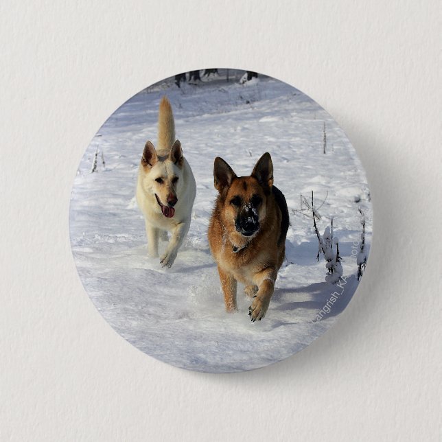 Macaron Rond 5 Cm Bergers allemands courant dans la neige (Devant)