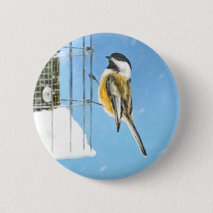 Macaron Rond 5 Cm Bickadee sur la peinture d'alimentation - Oiseaux 