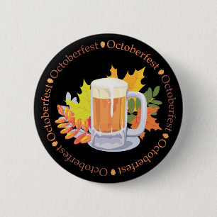 Macaron Rond 5 Cm Bière Oktoberfest et feuilles d'automne, brun