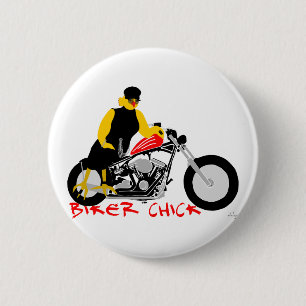 Macaron Rond 5 Cm BIKER CHICK assise sur sa moto