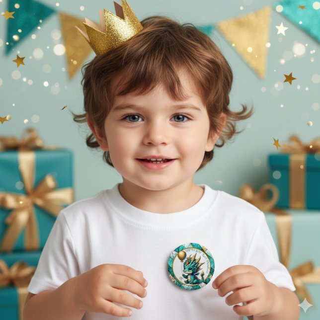 Macaron Rond 5 Cm Birthday Boy Personnalisé Turquoise et Gold Dragon (Créateur téléchargé)