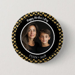 Macaron Rond 5 Cm Black and Faux Gold Foil Hearts Fête des mères