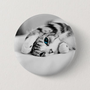 Macaron Rond 5 Cm Black and white photograph of a cat