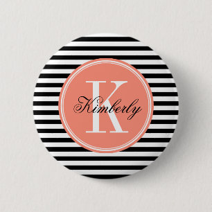 Macaron Rond 5 Cm Black and White Stripes with Coral Monogram