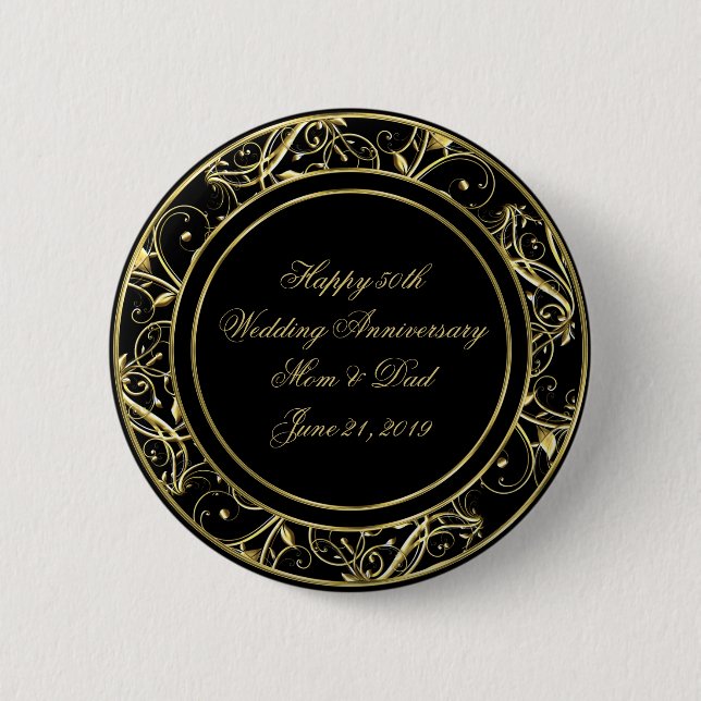 Macaron Rond 5 Cm Black Gold Flourish 50e anniversaire Mariage (Devant)