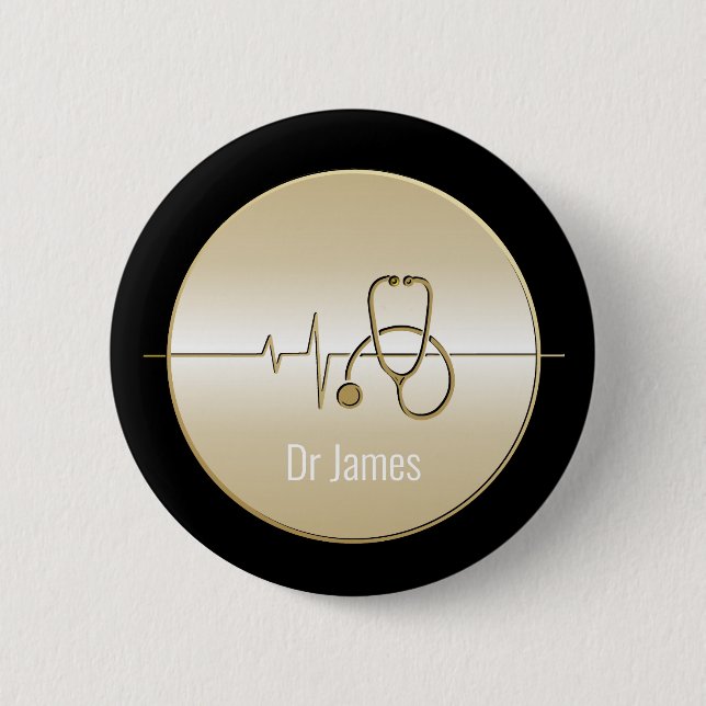Macaron Rond 5 Cm Black Gold Médicale Stethoscope Heartbeat (Devant)