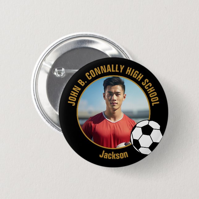 Macaron Rond 5 Cm Black Gold Soccer Player Photo High School (Devant & derrière)
