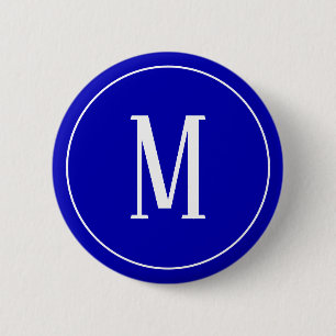 Macaron Rond 5 Cm Blanc de monogramme sur le bouton rond de bleu