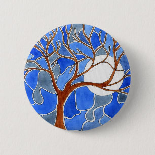 Macaron Rond 5 Cm Bleu de bouton d'art d'arbre et de lune