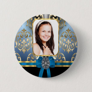 Macaron Rond 5 Cm Bleu et or damassé