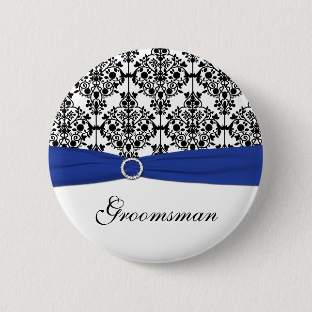 Macaron Rond 5 Cm Bleu noir blanc Damas Groomsman Pin (Devant)