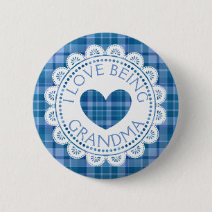 Macaron Rond 5 Cm Bleu Plaid J'Aime Être Grand-Mère Bouton