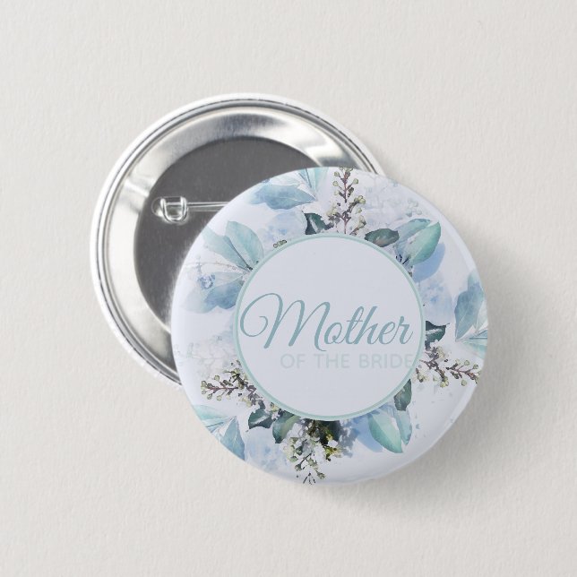 Macaron Rond 5 Cm Bleu Poussiéreux Botanique Mère de la Mariée (Devant & derrière)