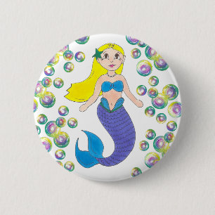 Macaron Rond 5 Cm Blonde natation Sirène fille bulles Océan mer